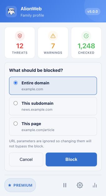AlionWeb popup with options to block a domain, subdomain, or individual page